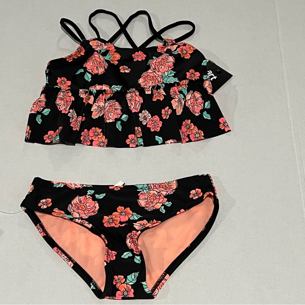 Art Class Girls Black Criss Cross Floral Print 2-piece Bikini Set, Size S(6/6X)